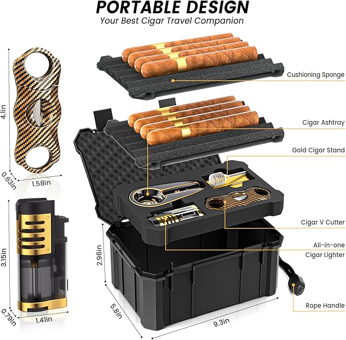 Travel Cigar Humidor Set with Torch Cigar Lighter, V Cigar Cutter, Cigar Ashtray, Cigar Holder, Humidifier & Hygrometer, Portable Travel Cigar Case with Cigar Accessories Kit, Cigar Gifts for Men