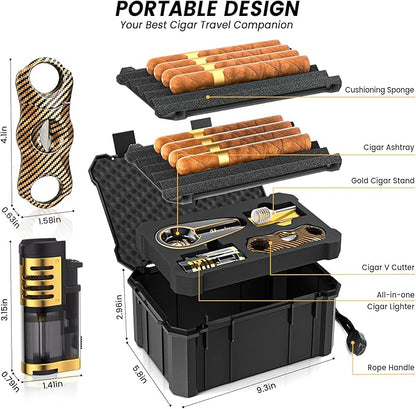 Travel Cigar Humidor Set with Torch Cigar Lighter, V Cigar Cutter, Cigar Ashtray, Cigar Holder, Humidifier & Hygrometer, Portable Travel Cigar Case with Cigar Accessories Kit, Cigar Gifts for Men