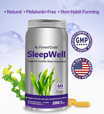 Melatonin-Free Sleep Aid for Adults with GABA & Seaweed Extract - Natural Supplement for Deep Sleep & Waking Up Refreshed, Stress Relief & Cognitive Support - Non-Habit Forming, 60 Capsules