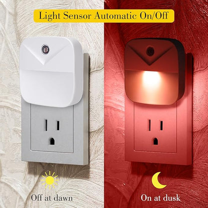 KINUR 6 Pack LED red Night Lights Plug into Wall, Dusk to Dawn Sensor Automatic on and Off, Energy efficient, Soft Glow nightlights for Kids, Nursery, Bedroom, Bathroom, Hallway, Stairs, Kitchen