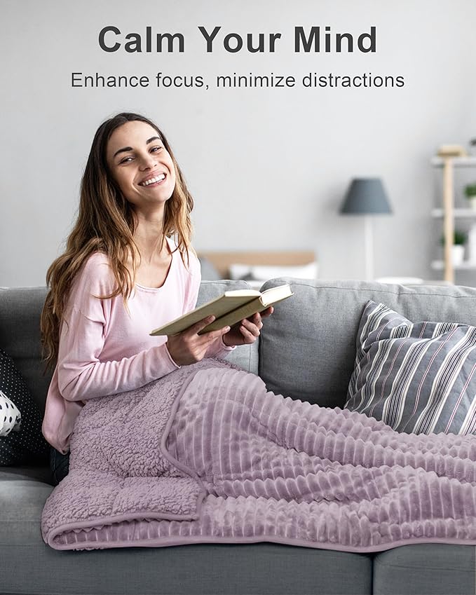 Sherpa Fleece Weighted Blanket with Ribbed Stripes for Adults, 15 lbs Dual Sided Cozy Warm Blanket for Couch Full Size Bed, Ceramic Beads Heavy Thick Blankets Great for Sleep, Light Purple, 60" x 80"