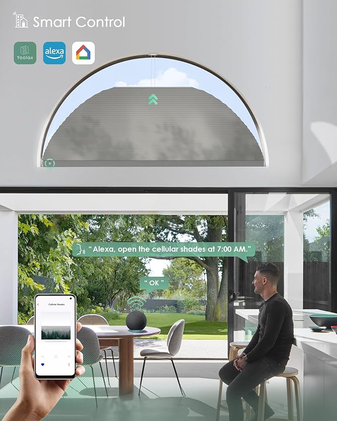 Yoolax Smart Cellular Shades, Motorized Arch Window Honeycomb Blinds Motorized Blinds with Remote Compatible with Alexa, Customized Arched Cellular Shades (Half Shading Dark Grey)