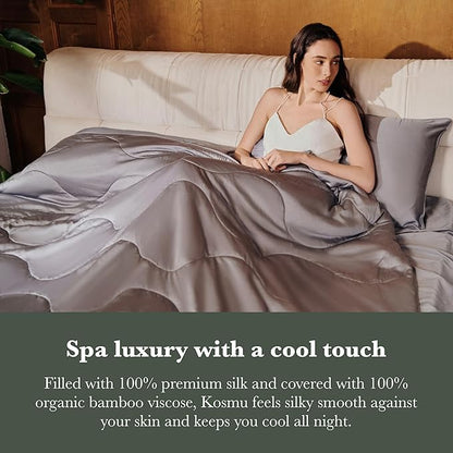 Silk Comforter King Size | 100% Mulberry Silk Fill with Organic Bamboo Viscose Shell | Summer Cooling Blanket for Hot Sleepers, Lightweight Breathable All-Season Bedding (Ice Grey, 104"x90")