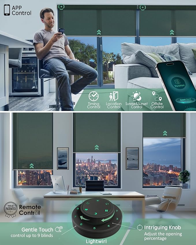 Yoolax Motorized Solar Shades Light Filtering Motorized Blinds with Remote Smart Blinds Work with Alexa Flame Retardant Roller Shades for Windows Home Office Custom Size (3% Openness Jade Green)