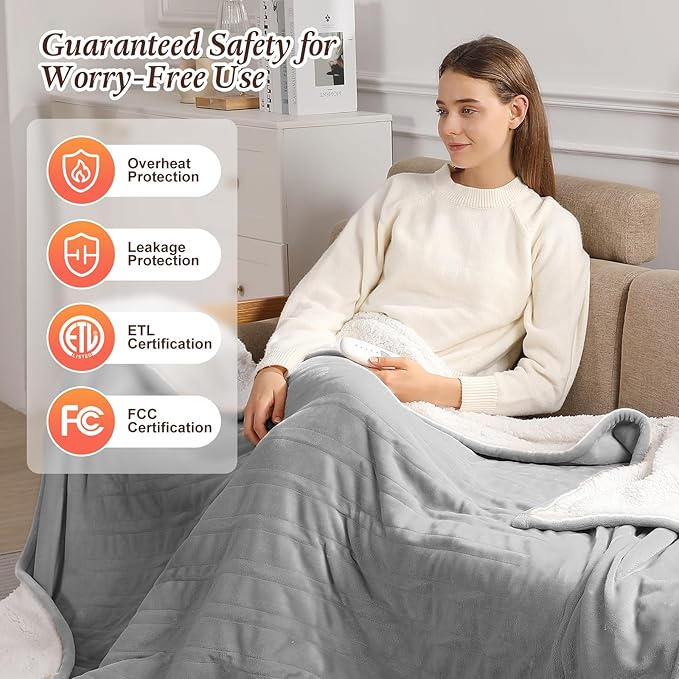 Full Size Electric Blanket Heated Blankets 72''x84'' - Ultra Soft Sherpa Fleece Heated Blanket for Office with 5 Heat Levels & 10-Hour Timer, FCC and ETL Certified Warming Blanket for Grandma (Gray)