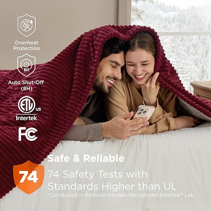 Bedsure GentleSoft Electric Blanket Queen Size - Soft Ribbed Flannel Heated Blanket with Dual Control, Heating with 10 Heat Settings & 10 Time Settings, 8 hrs Timer Auto Shut Off (84"x90", Burgundy)
