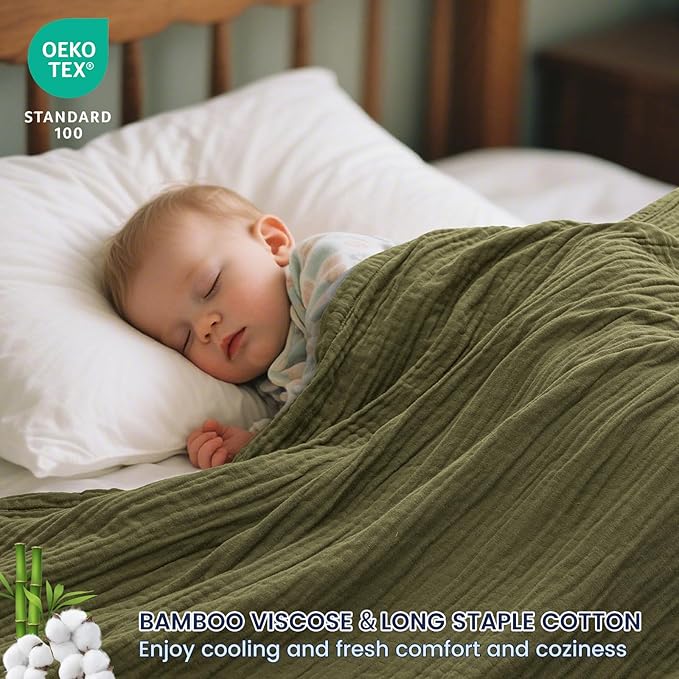 PHF Cooling Muslin Throw Blanket for Hot Sleepers, 60% Viscose from Bamboo, 40% Cotton and 4-Layer Breathable Gauze Blanket for Bed Couch, 50"x60", Olive Green