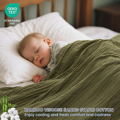 PHF Cooling Muslin Throw Blanket for Hot Sleepers, 60% Viscose from Bamboo, 40% Cotton and 4-Layer Breathable Gauze Blanket for Bed Couch, 50"x60", Olive Green