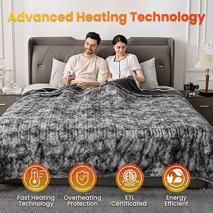 WOOMER Heated Blanket Queen Size, Dual Control, Electric Blanket 84"x 90", Double-Sided Faux Fur&Sherpa, Overheat Protection, 10 Heating Levels & 12H Auto Off, CPF, Home Office