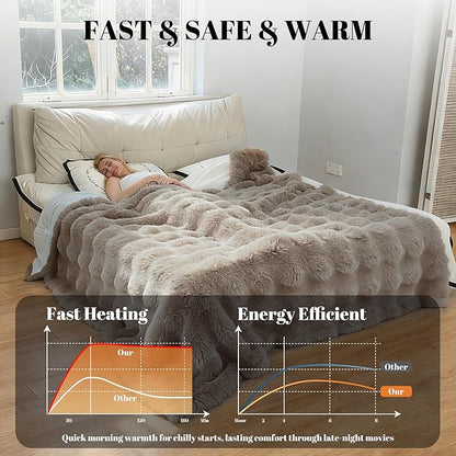 IUUI Electric Heated Blanket King 90''x100'',Luxury Faux Rabbit Fur Heating Throw Blankets,Fast Heating with 1/2/4/6/8/10 Hours,Overheat Protection, Quick Heating, Memory Function, Gift-Ready Design