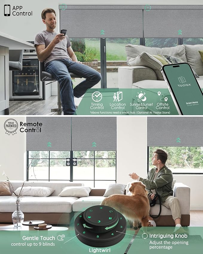 Yoolax Motorized Blinds with Remote, Smart Blinds for Windows Blackout Automatic Shades Compatible with Alexa Remote Control Roller Window Shades with Valance, Custom Size (V-Jungle Grid Light Gray)