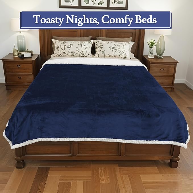 Electric Heated Blanket 62"x84" Twin Size Flannel & Sherpa - 4 Heat Settings & 10H Auto Shut Off for Safe Overnight Use, Fast Heating, Machine Washable for Bed, Couch, Office - Dark Blue