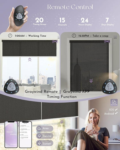 Graywind Motorized Roller Shades Compatible with Alexa Google Hardwired WiFi Smart Light Filtering Blind Remote Automated Blinds Electric Window Shade, Custom Size (3% Openness Chocolate)