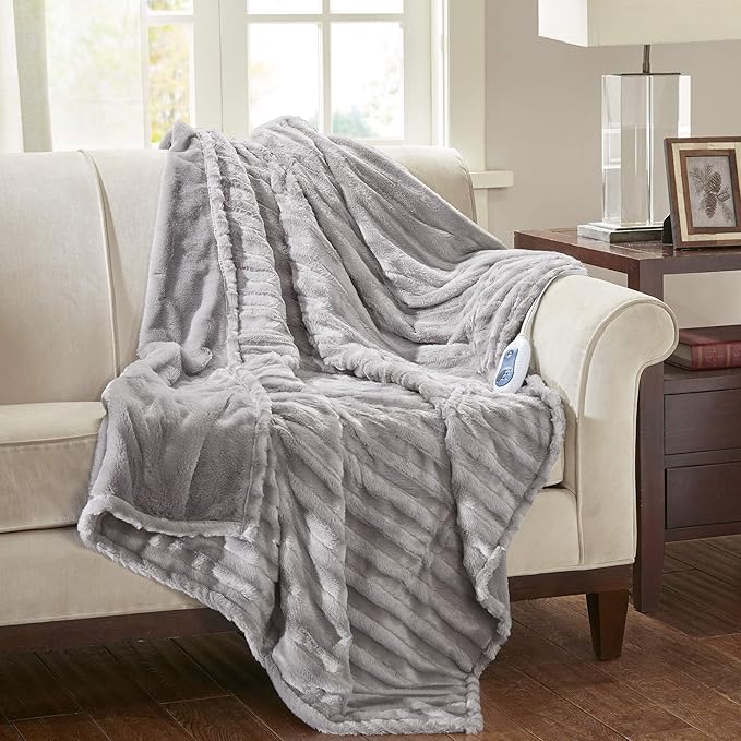 Beautyrest Duke Blanket Luxury Oversize Electric Throw Premium Soft Cozy Brushed Long Faux Fur for Bed, Couch with 3 Heat Setting Controller, Auto Shut-Off Function, Grey, 50 in x 70 in