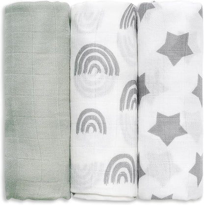 GLLQUEN BABY Receiving Blanket Boy Cotton Muslin Swaddle Blankets Girl Newborn Squares Breathable & Soft Thin Baby Blankets Cloths Double Absorbent Infant Swaddling Wrap - 3 Pack (Star)