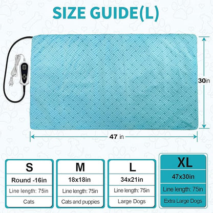 Dog Heating Pad 47x30 in, Pet Heating Pad for Dog Cat, Smart Thermostat Switch, Whelping Box Mats, Heated Dog Bed Mats with Chew Resistant Cord, Soft Blue Stripe Plush Cloth Cover