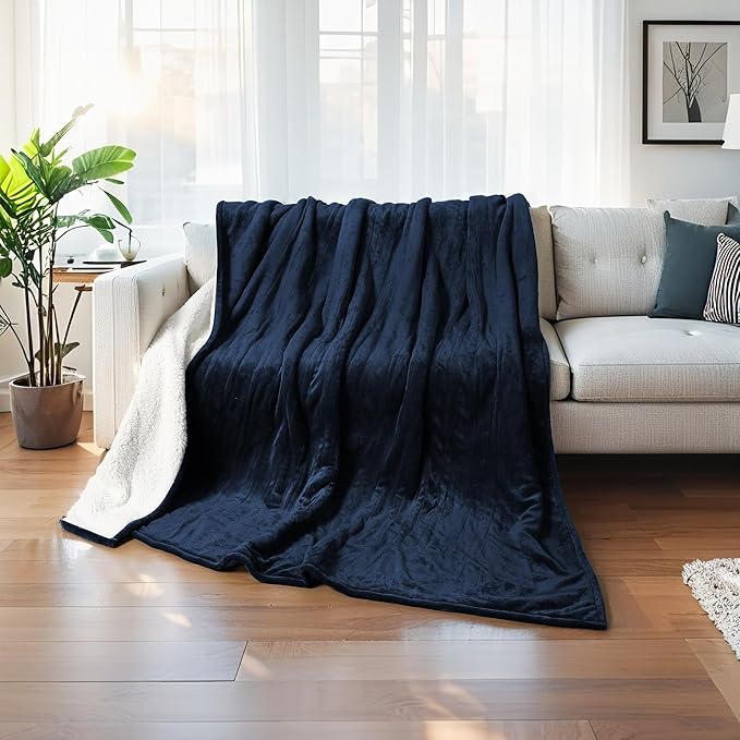 Heated Electric Blanket Throw Size 50"x60" Thickened Flannel and Sherpa Heated Blanket,3 Hours Timer Auto-Off & 5 Heating Levels, Machine Washable, Navy Blue