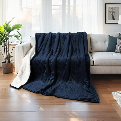 Heated Electric Blanket Throw Size 50"x60" Thickened Flannel and Sherpa Heated Blanket,3 Hours Timer Auto-Off & 5 Heating Levels, Machine Washable, Navy Blue