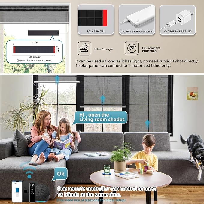 SmartWings Motorized Light Filtering Shades, 50% Blackout PVC Free Smart Blinds, Custom Size, Rechargeable Battery, Works with Matter/Apple HomeKit, Alexa, Thread/Zigbee, Remote Optional, 50% Black