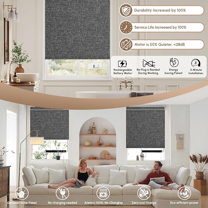 Kincmo No Drill Motorized Blinds with Remote, 100% Blackout Roller Shades for Windows, Custom Electric Blinds Compatible with Alexa, Apple Homekit, Google Home (100% Blackout Classic Dark Grey)