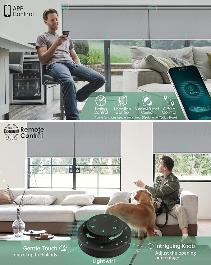 Yoolax Motorized Blinds with Remote, Blackout Smart Blinds for Windows Motorized Waterproof Roller Shades, Automatic Window Shades Work with Alexa Custom Size (Blackout-Vinyl Light Gray)