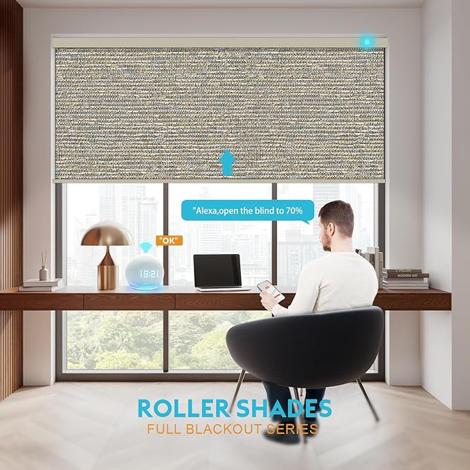 Motorized Blinds with Remote, Smart Blind Roller Shades Compatible with Alexa, Durable Rechargeable Battery Solar Power Electric Window Blinds Motorized Shades Customized Size (Luxury-Coffee)