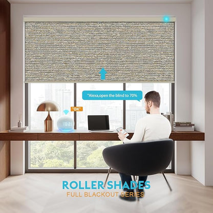 Motorized Blinds with Remote, Smart Blind Roller Shades Compatible with Alexa, Durable Rechargeable Battery Solar Power Electric Window Blinds Motorized Shades Customized Size (Luxury-Coffee)