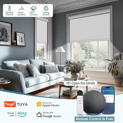BERISSA Motorized Blinds with Remote,Blackout Smart Roller Shades with App,Voice Control,Linen Fabric,Thermal Insulated Automatic Blinds,Electric Shades with USB/Solar Pannel.Linen White