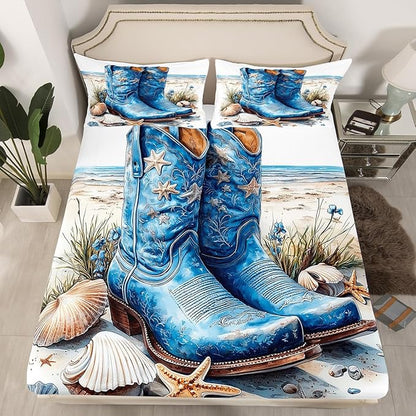 Western Boots Fitted Sheet Set with 2 Pillowcase,Tribal Cowboy Rustic Farmhouse Style Microfiber Mattress Cover,Blue Ocean Beach Starfish Shell Conch Vintage Bed Cover Queen Size