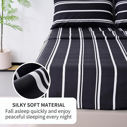 Best Season Black and White Striped Bed Sheets Queen Size 4 Piece Ultra Soft Stripe Sheet Set - Deep Pocket, Fade & Wrinkle Resistant Bedding Set (Black&White)