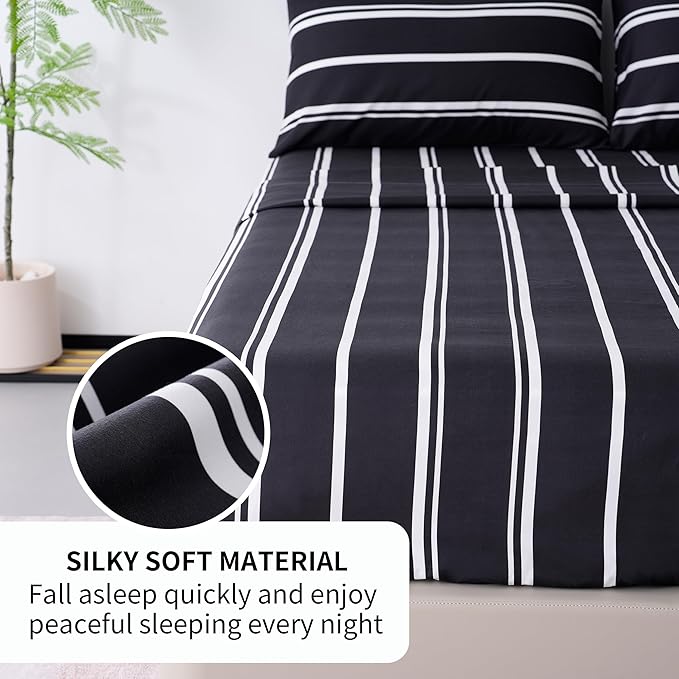 Best Season Stripe Bed Sheets Set,4 Piece Super Soft Microfiber Bedding-Deep Pocket,Ultra Soft,Fade & Wrinkle Resistant(Full Size,Black&White)