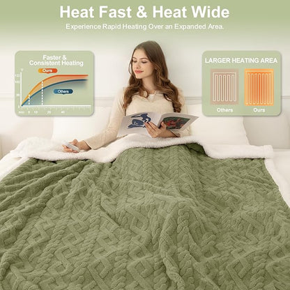 Heated Blanket Full Size 72"X84" Green - Soft Thick Warm Sherpa Electric Blanket for Winter with 6 Fast Heating Levels & 10hrs LED Timer Auto Off for Women, Washable & ETL Certified for Bed