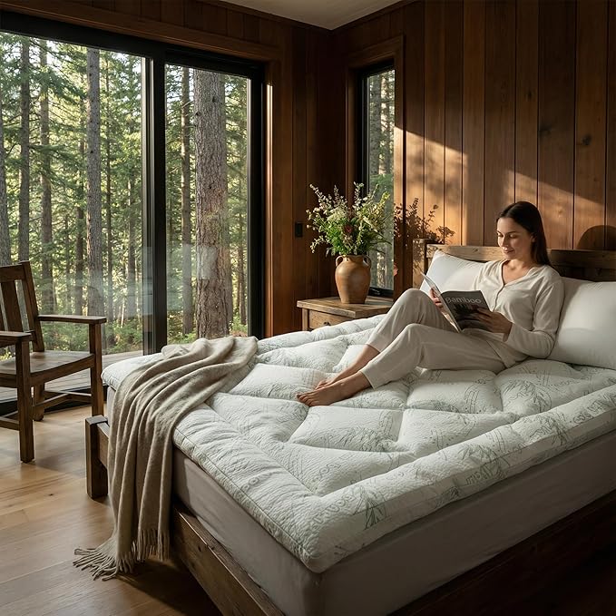 Bamboo Mattress Topper King Size with Deep Pocket 1700 GSM Fill Cooling Shredded Memory Foam Mattress Pad Rayon Derived from Bamboo, Ideal for Side Sleepers, Back Pain, Hot Sleepers