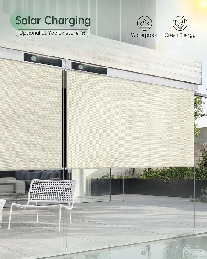 Yoolax Motorized Outdoor Shades Smart Retractable Patio Screens with App & Remote Control, Electric Blinds for Porch Patio Waterproof Roller Shades 4X6ft (3% Openness Beige)