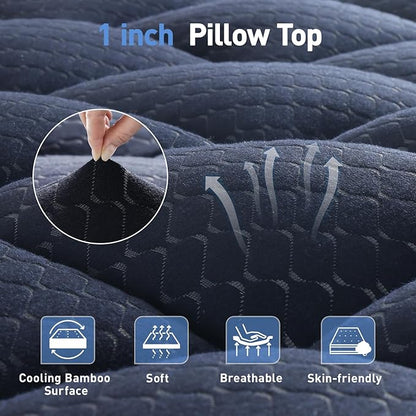 Dual Layer 3 Inch Memory Foam Mattress Topper Queen Size, 2 Inch Gel Memory Foam Plus 1 Inch Cooling Pillow Top Mattress Pad Cover, with 8-21 Inch Deep Pocket, Navy Blue