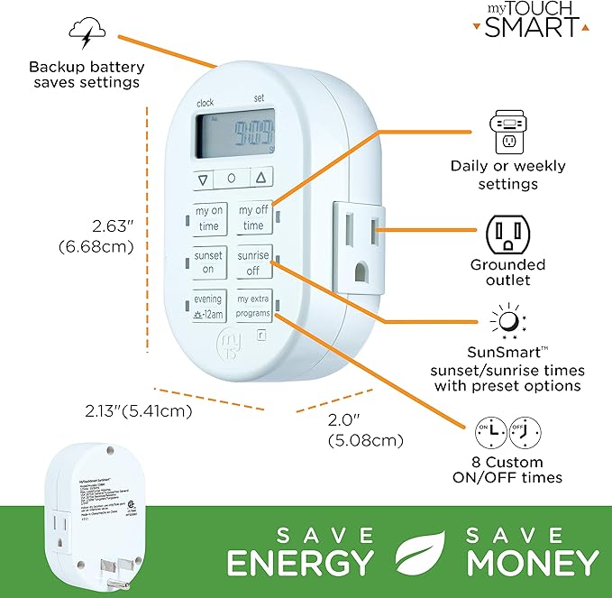 myTouchSmart Simple Set 7-Day Digital Timer, 1 Grounded Outlet Timer, Sunrise-Sunset Indoor Timer Outlet, Programmable ON/OFF Plug Timer, 125V Light Timer, Lamp Timer, Seasonal Lights, White, 33860