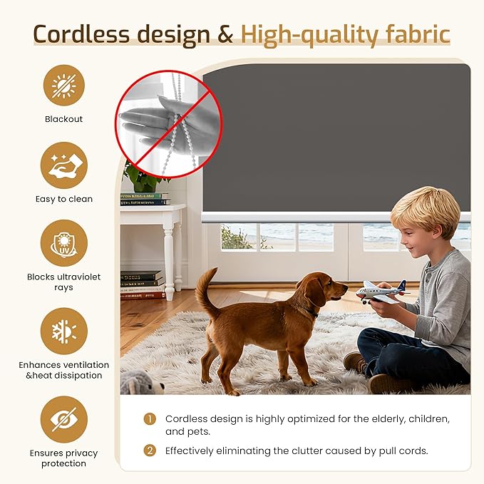 Grandekor No Drill Motorized Roller Blinds with Remote Control - Smoky Gray-Blackout 65.5 * 64 Motorized Blinds | Smart Electric Shades Compatible with App & Voice Control for Living Room
