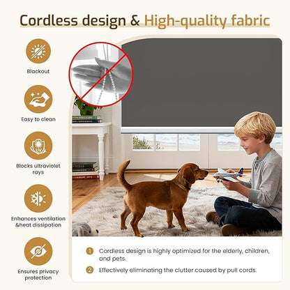 Grandekor No Drill Motorized Roller Blinds with Remote Control - Smoky Gray-Blackout 65.5 * 64 Motorized Blinds | Smart Electric Shades Compatible with App & Voice Control for Living Room