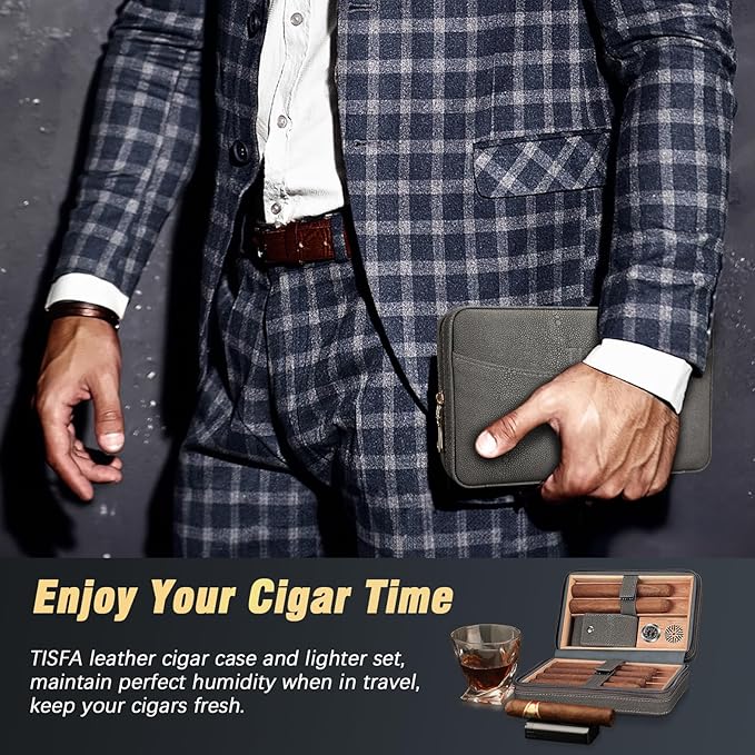 TISFA Cigar Humidor and Cigar Lighter Set, Portable Cigar Travel Case with Multifunctional Lighter, Includes Cigar V Cutter, Cigar Holder, Leather Humidor Cigar Box Cigar Gifts for Men (Stone Gray)