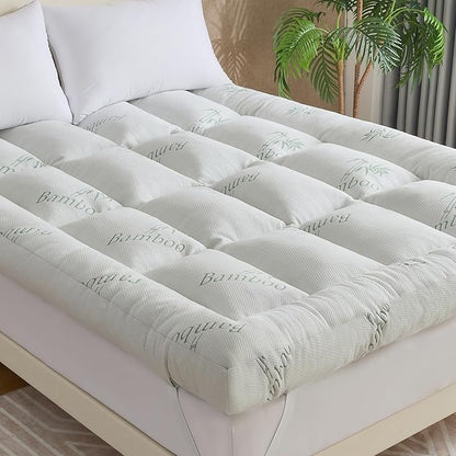 WhatsBedding 5 Inch Memory Foam Mattress Topper Queen Size for Back Pain Relief, Cooling Breathable Bamboo Viscose Air Layer, Comfort Thick Pillow Top Mattress Topper, 2000 GSM Fill