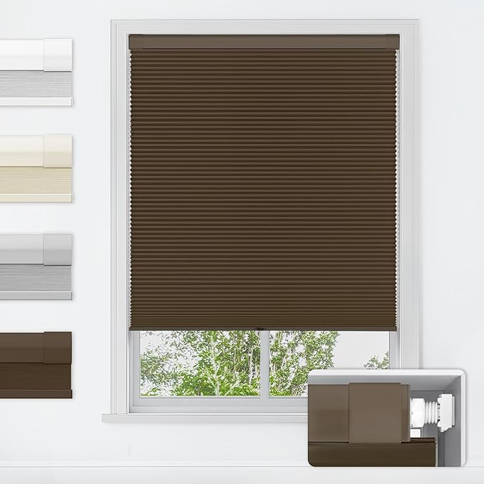 LazBlinds No Tools No Drill Cordless Cellular Shades, Blackout Light Blocking Honeycomb Shades for Home, Thermal Insulation Blinds for Windows, 44" W x 48" H, Dark Coffee