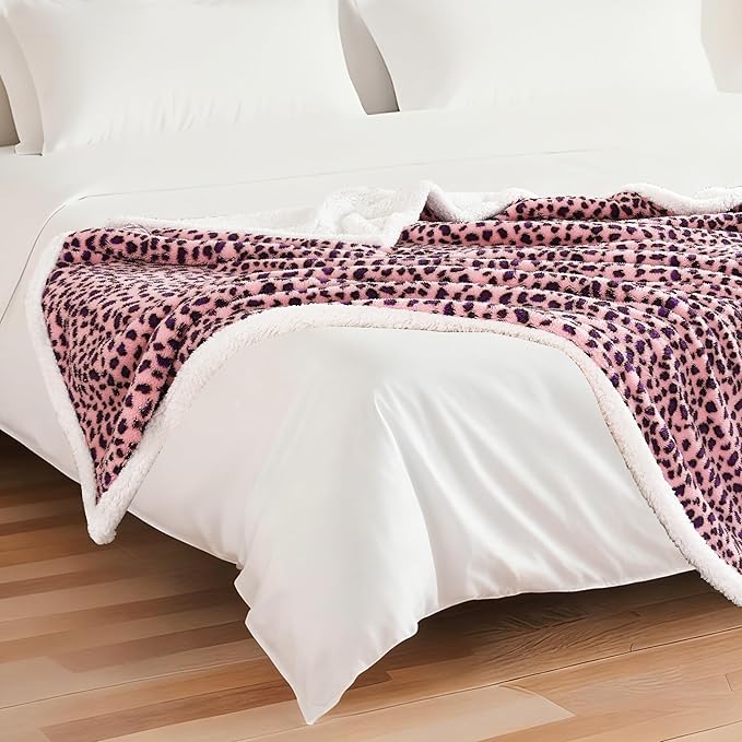 Electric Heated Blanket Throw Size 50"×60" with 9 Heating Levels & 1-10 Hs auto Off, Heating Throw Double Sided Sherpa, Energy Efficient, Machine Washable, Leopard Print Pink & Purple