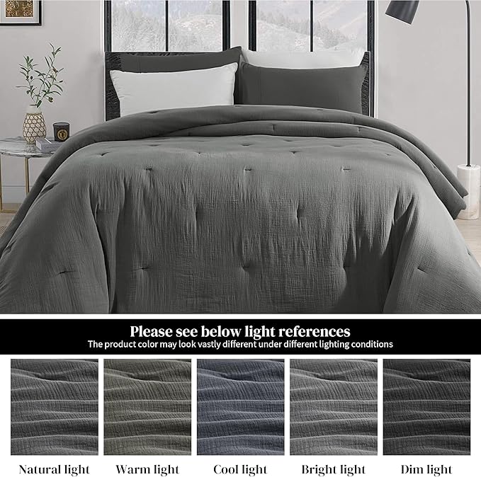 HOMBYS 100% Cotton Muslin Comforter Oversized King 128x120, Lightweight and Breathable Down Alternative Comforter,Soft Gauze Summer Dark Grey Reversible Fluffy Duvet Insert
