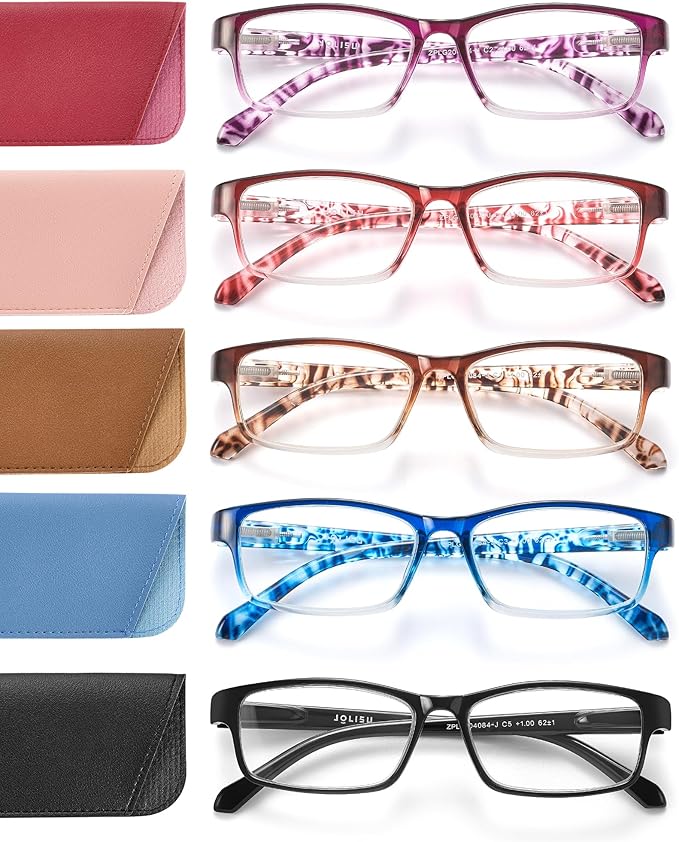Reading Glasses for Women, 5 Pack Blue Light Blocking Readers, Lightweight Eyeglasses with Spring Hinge