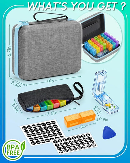 Monthly Pill Organizer 2 Times a Day with Weekly Pill Bags, Portable Hard Shell Case, Pill Cutter & Opener Pick, Monthly and Weekly Stickers for Medication Management (Blue, 2 Times a Day)