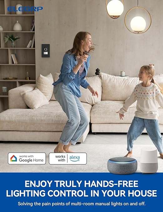 ELEGRP Smart Motion Sensor Switch, 2.4GHz Wi-Fi Single Pole Light Switch Works with Alexa & Google Assistant, APP Remote Control, Neutral Wire Required, UL Certified, No Hub Required (Black, 1 Pack)