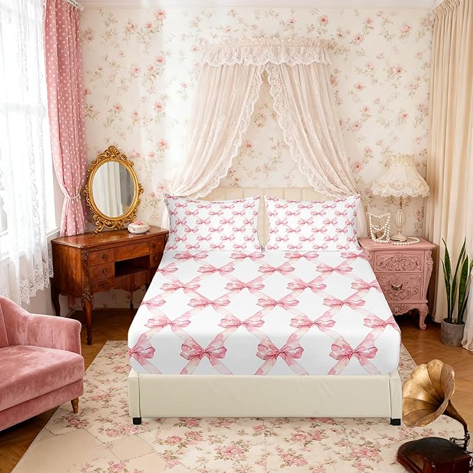 Pink Bowknot Fitted Sheet Queen Size (No Flat Sheet) Dreamy Princess Style Kids Girls Bedding Sheet Set,Watercolor Bow Geometric Grids White Bed Cover Ultra Soft Breathable Bedding 3 Pcs