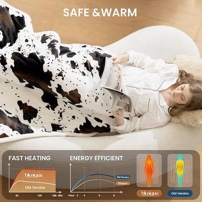 Heated Blanket Throw Blanket - Fast Heating Electric Blanket, Soft Flannel Heated Throw with 4 Time Settings, 10 Heating Settings, Warm Gifts for Women & Mom & Grandma(50"x60"Cow Print White)