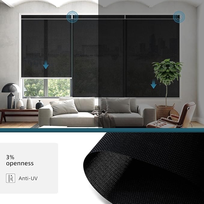 Motorized Shades Compatible with Alexa,Google Asssitant,Homekit Over Thead,3% Openness Solar Roller Blinds for Window,Smart Blinds with Remote,APP/Voice Control,3% Openness Aventus Black