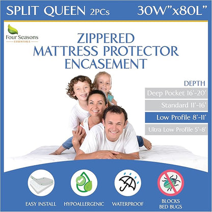Split Queen Mattress/Box Spring Encasement 30" x 80" (2PCs) - Waterproof Zippered Protector Premium Quality Hypoallergenic Bed Cover Protects Against Dust - Breathable Smooth Fabric